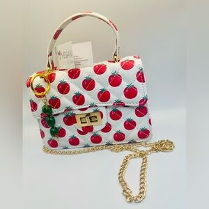 Vegan White & 🍅 Red Tomato Print with Martini Olives Charm Crossbody Handbag.NWT